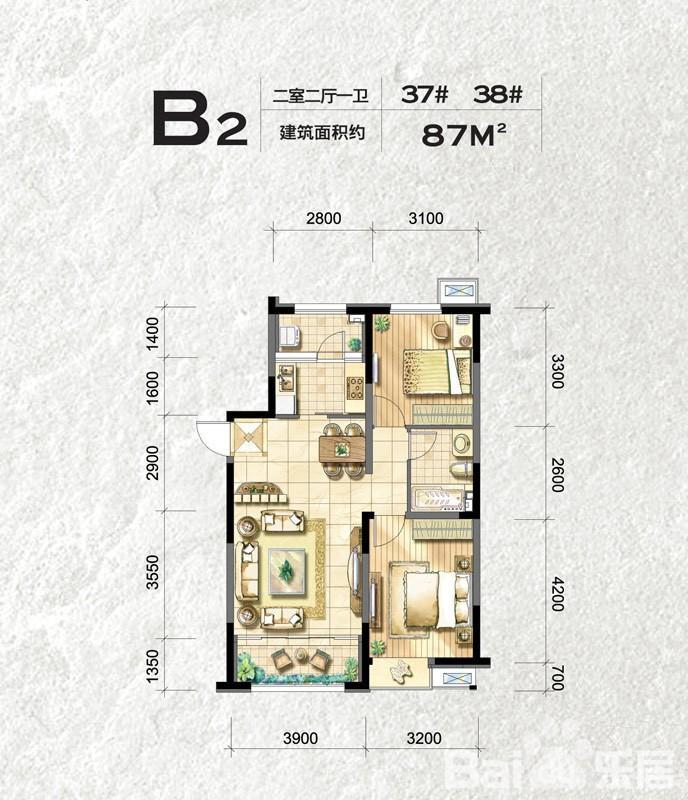 金地国际花园 2室 2厅 1卫 84㎡