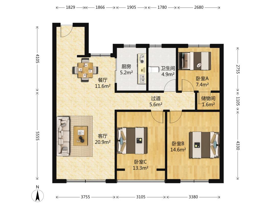 南北通透三室简装,园区中间,不把山不临街,采光好