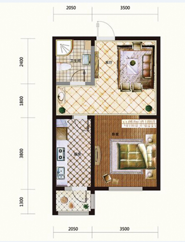 建筑面积约  65.3平 一室一厅一卫