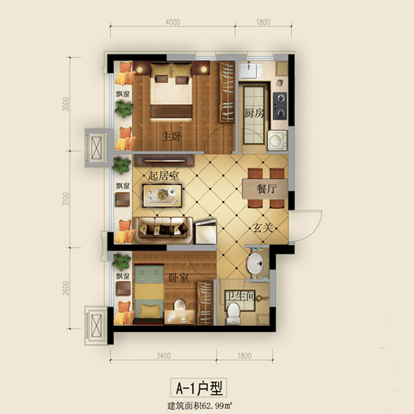 a-1户型两室两厅一卫62.99平
