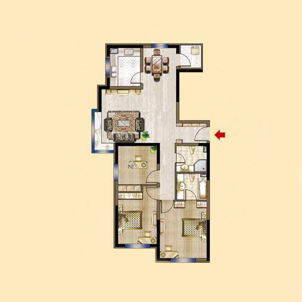 三室户型，满足一家三口或三代同堂，双南卧室，让你的家人享受更多阳光宠爱，入户玄关设计，给你更多储物空间。