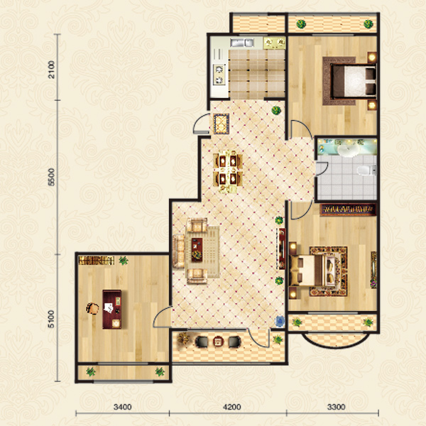 103平3室2厅1卫户型