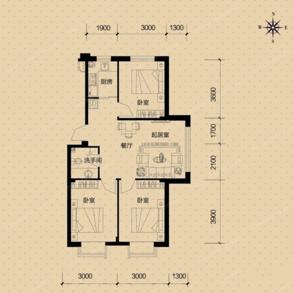 79平3室2厅1卫e户型