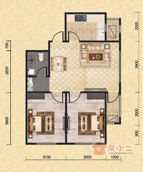 高層主推76,49平雙陽二室二廳一衛戶型圖